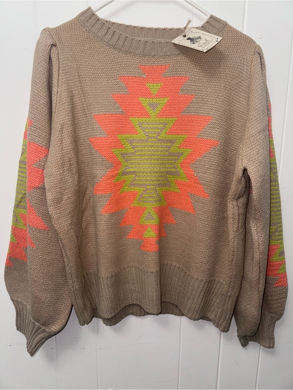 Neutral Aztec Crewneck Sweater with Neon Pink & Lime Accents